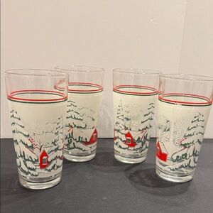 Vintage Christmas Holiday Set of 4 KIG Snow Evergreen red house drinking glasses